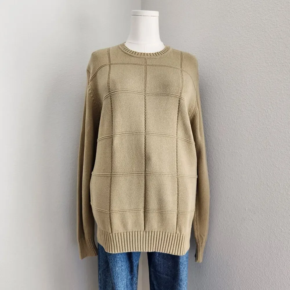 Vintage Geoffrey Beene Tan Grid Knit Crewneck Sweater Grandpacore Long Sleeve M - Picture 2 of 13